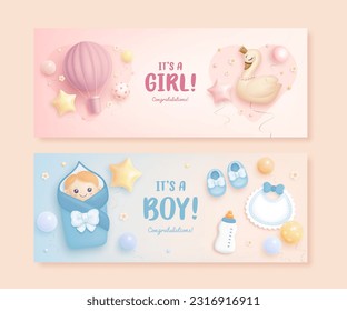 Juego de banner horizontal de ducha de bebé o plantilla de invitación con dibujos animados zapatos de bebé, bib, botella, cisne, globos de helio. Es una chica, es un niño. Ilustración del vector