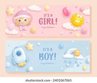 Set of baby shower horizontal banner or invitation template with cartoon rocket, rainbow, sun and helium balloons. Its a girl, its a boy. Vector illustration