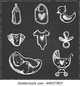 Set of baby shower icons, with diaper, crawler, sleeping, bag. Hand drawn line art vector illustration.
