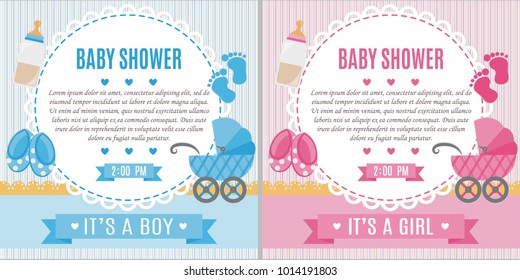 Set of baby shower invitation card. Baby frame with stroller and stickers on striped background. It's a boy. It's a girl.