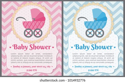 Set of baby shower invitation card. Baby frame with stroller and stickers on striped background. It's a boy. It's a girl.