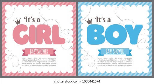 Set of baby shower invitation card. Baby frame with stroller and stickers on striped background. It's a boy. It's a girl.