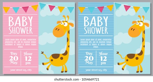 Set of baby shower invitation card. Baby frame with stroller and stickers on striped background. It's a boy. It's a girl.