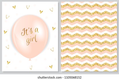 Set of baby shower invitation card. Baby frame with balloons and gold hearts on white background. It's a boy. It's a girl.