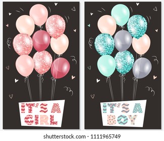 Set of baby shower invitation card with glitter balloons. Baby frame with colorful shining balloons on light background. It's a boy. It's a girl.