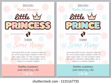 Set of baby shower invitation card babies boy and girl. Baby frame with boy/girl and stickers on light background. It's a boy. It's a girl.