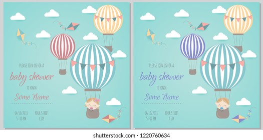 Set of baby shower invitation card babies boy and girl. Baby frame with boy/girl and stickers on light background. It's a boy. It's a girl.