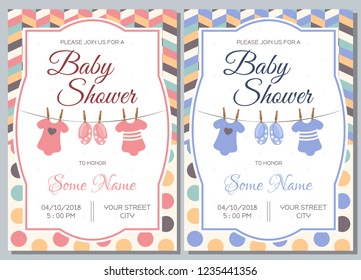 Set of baby shower invitation card babies boy and girl. Baby frame with boy/girl and stickers on light background. It's a boy. It's a girl.