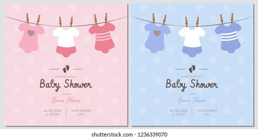 Set of baby shower invitation card babies boy and girl. Baby frame with boy/girl and stickers on light background. It's a boy. It's a girl.