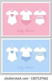 Set of baby shower invitation card babies boy and girl. Baby frame with boy/girl and stickers on light background. It's a boy. It's a girl. 