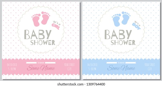 Set Of Baby Shower Invitation Card Babies Boy And Girl. Baby Frame With Boy/girl And Stickers On Light Background. It's A Boy. It's A Girl.