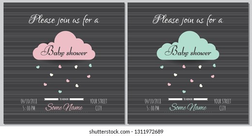 Set of baby shower invitation card babies boy and girl. Baby frame with boy/girl and stickers on light background. It's a boy. It's a girl. 