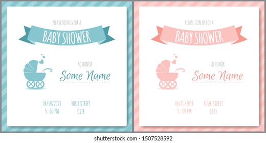 Set of baby shower invitation card babies boy and girl. Baby frame with boy/girl and stickers on light background. It's a boy. It's a girl.