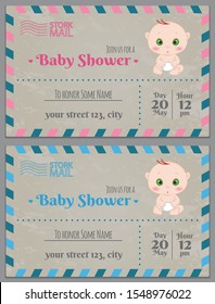 Set of baby shower invitation card babies boy and girl. Baby frame with boy/girl and stickers on light background. It's a boy. It's a girl