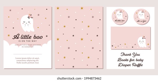 Set of baby shower invitation card, insert card, sticker, and pattern with cute ghost. Halloween themed baby shower invitation set in pastel colors.