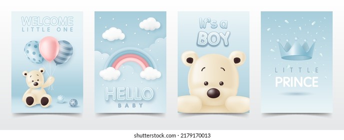 Set of baby shower invitation card including cute bear, crown, balloon and rainbow for greeting invitation welcome card, album, poster, online store, boy and children birthday party. kid fashion sale.