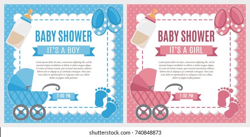 Set of baby shower invitation card. Baby frame with stroller and stickers on striped background. It's a boy. It's a girl.