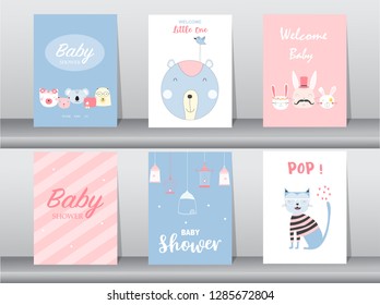 Set of baby shower invitation cards, birthday, poster, template, greeting, cute, animal. Vector illustrations 

