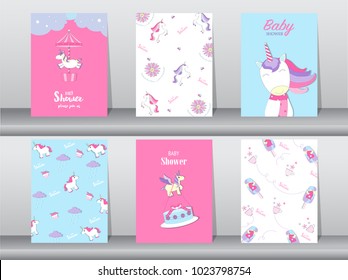 Set of baby shower invitation cards,birthday cards,poster,template,greeting,cards,cute,fantasy,unicorn,animal,Vector illustrations