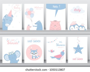 Set of baby shower invitation cards,birthday cards,poster,template,greeting cards,cute,birds,elephants,rats,animal,Vector illustrations