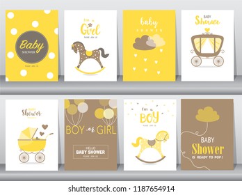 Set of baby shower invitation cards,birthday cards,poster,template,greeting cards,cute,kawaii,Rocking Horse,Vector illustrations