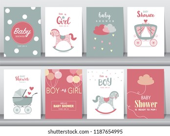 Set of baby shower invitation cards,birthday cards,poster,template,greeting cards,cute,kawaii,Rocking Horse,Vector illustrations