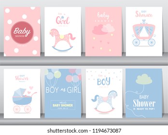 Set of baby shower invitation cards,birthday, poster,template, greeting,cute, Rocking Horse,Vector illustrations 