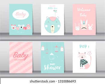 Set of baby shower invitation cards,birthday, poster,template, greeting,cute, animal,Vector illustrations 