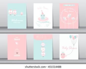Set of baby shower invitation cards,birthday cards,poster,template,greeting cards,animals,cute,birds,Vector illustrations