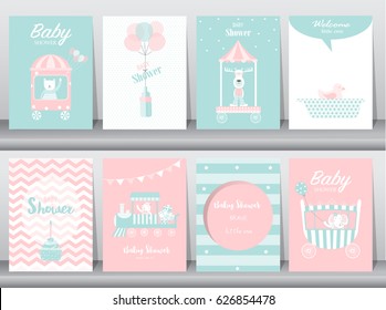 Set of baby shower invitation cards,birthday cards,poster,template,greeting cards,cute,bear,train,car,animal,Vector illustrations