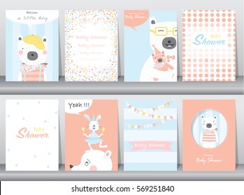 Set of baby shower invitation cards,birthday,poster,template,greeting cards,animals,cute,bears,Vector illustrations