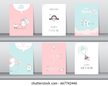 Set of baby shower invitation cards,birthday,poster,template,greeting,animals,cute,birds,Vector illustrations
