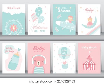 Set of baby shower invitation cards,happy birthday,poster,template,greeting,cute,animal,Vector illustrations.