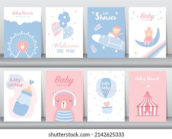 Set of baby shower invitation cards,happy birthday,poster,template,greeting,cute,animal,Vector illustrations.