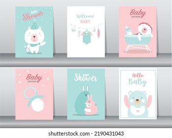 Set of baby shower invitation cards,happy birthday,poster,template,greeting,cute,animal,Vector illustrations.