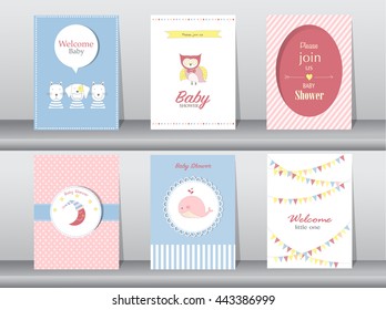 Set of baby shower invitation cards,poster,template,greeting cards,animals,owls,dog,whale,Vector illustrations