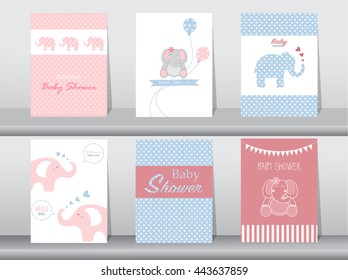 Set Of Baby Shower Invitation Cards,poster,template,greeting Cards,animal,elephant,Vector Illustrations