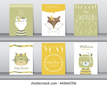 Set of baby shower invitation cards,poster,template,greeting cards,animals,cat,dog,wolf,Vector illustrations