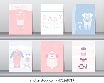 Set of baby shower invitation cards,poster,template,greeting cards,baby clothes,Vector illustrations