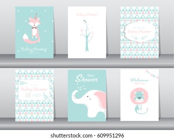 Set of baby shower invitation cards,poster,template,greeting cards,animal,Vector illustrations