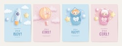 Set Of Baby Shower Invitation With Cartoon Baby Girl, Baby Boy, Rocket And Hot Air Balloon On Blue And Pink Background. It's A Boy. It's A Girl. Vector Illustration