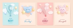 Set Of Baby Shower Invitation With Cartoon Bear, Bunny, Hot Air Balloon And Flowers On Blue, Pink And Beige Background. It's A Boy. It's A Girl. Vector Illustration