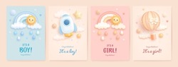 Set Of Baby Shower Invitation With Cartoon Hot Air Balloon, Rocket, Rainbow, Sun And Helium Balloons On Blue, Pink And Beige Background. It's A Boy. It's A Girl. Vector Illustration