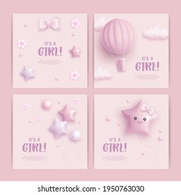 Set of baby shower invitation with cartoon air balloon, helium balloons and flowers on pink background. It's a girl. Vector illustration