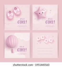Set Of Baby Shower Invitation With Cartoon Air Balloon, Shoes, Toys And Flowers On Pink Background. It's A Girl. Vector Illustration