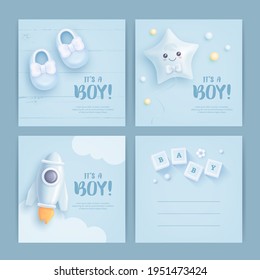 Set of baby shower invitation with cartoon rocket, shoes, toys and flowers on blue background. It's a boy. Vector illustration