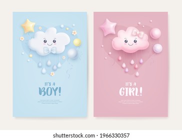 Set of baby shower invitation with cartoon cloud, helium balloons and flowers on blue and pink background. It's a boy. It's a girl. Vector illustration