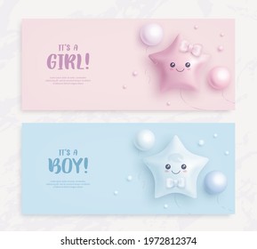 Set of baby shower invitation with cartoon helium balloons on blue and pink background. It's a boy. It's a girl. Vector illustration