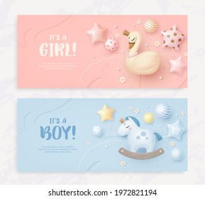 Set of baby shower invitation with cartoon swan, horse, helium balloons and flowers on blue and pink background. It's a boy. It's a girl. Vector illustration