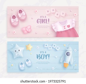 Set of baby shower invitation with cartoon baby shoes, dress, toys, helium balloons and flowers on blue and pink background. It's a boy. It's a girl. Vector illustration